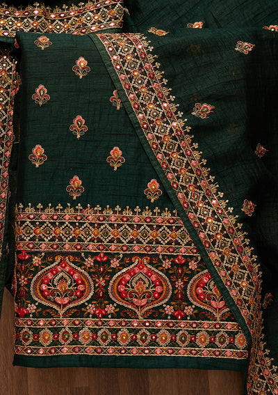 Bottle Green Threadwork Raw Silk Unstitched Salwar Suit-Koskii
