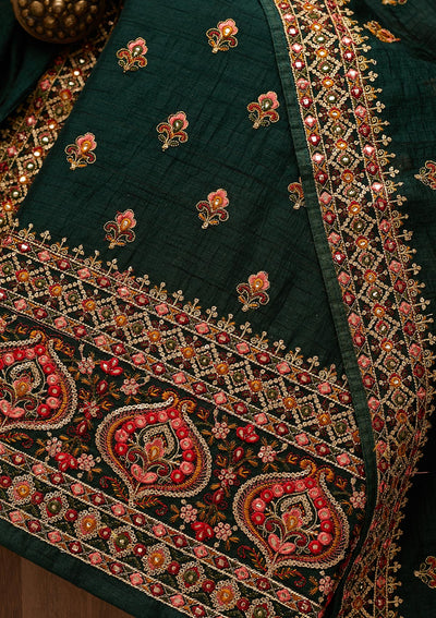 Bottle Green Threadwork Raw Silk Unstitched Salwar Suit-Koskii