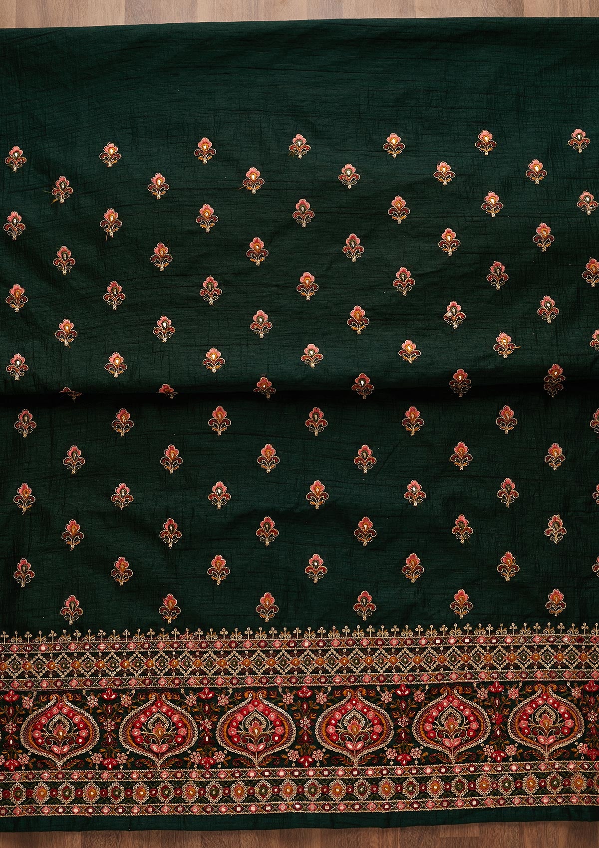Bottle Green Threadwork Raw Silk Unstitched Salwar Suit-Koskii