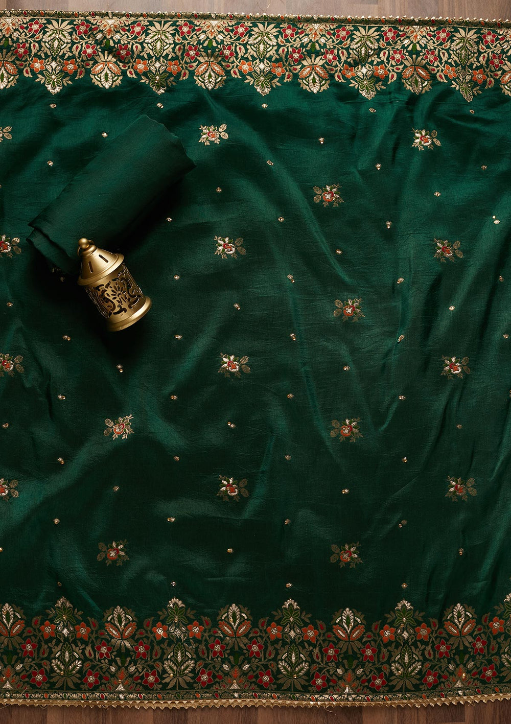 Bottle Green Zariwork Art Silk Unstitched Salwar Suit - Koskii