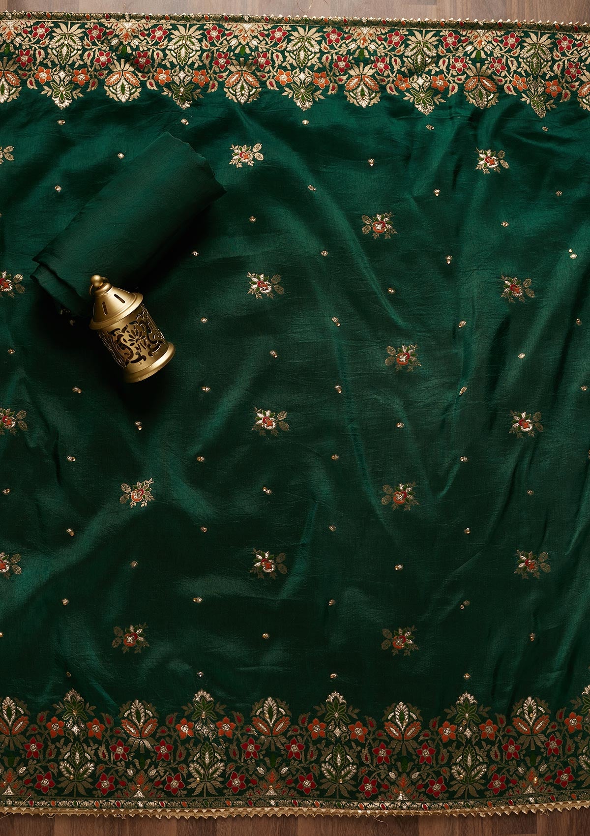 Bottle Green Zariwork Art Silk Unstitched Salwar Suit - Koskii