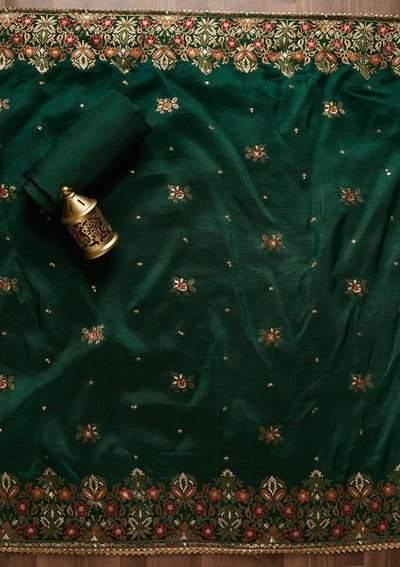 Bottle Green Zariwork Art Silk Unstitched Salwar Suit - Koskii