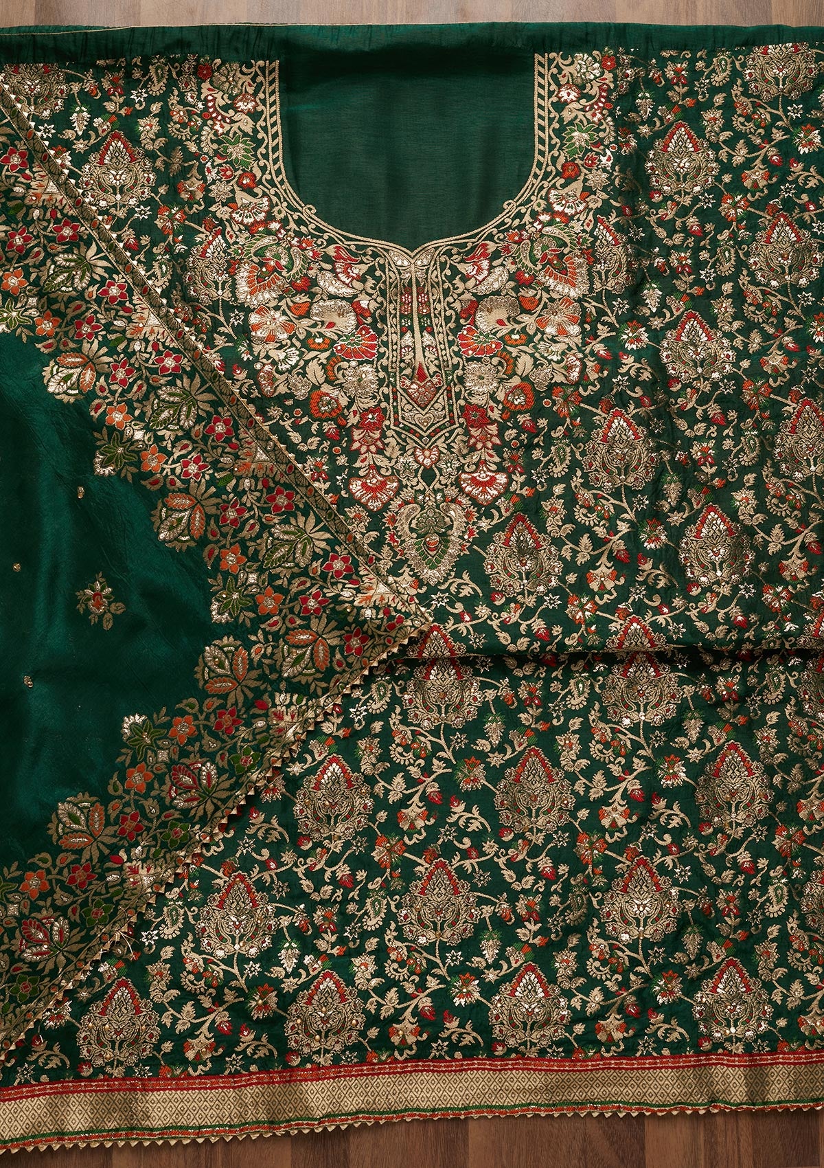 Bottle Green Zariwork Art Silk Unstitched Salwar Suit - Koskii