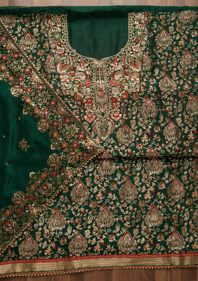 Bottle Green Zariwork Art Silk Unstitched Salwar Suit - Koskii