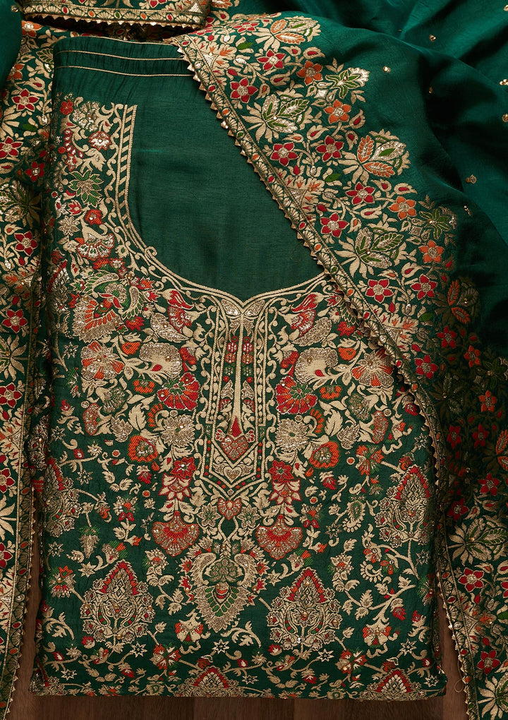 Bottle Green Zariwork Art Silk Unstitched Salwar Suit - Koskii
