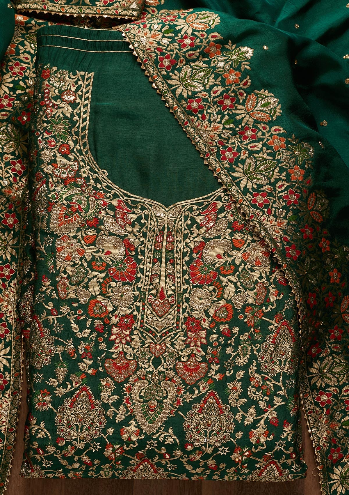 Bottle Green Zariwork Art Silk Unstitched Salwar Suit - Koskii