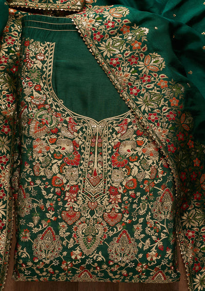 Bottle Green Zariwork Art Silk Unstitched Salwar Suit - Koskii