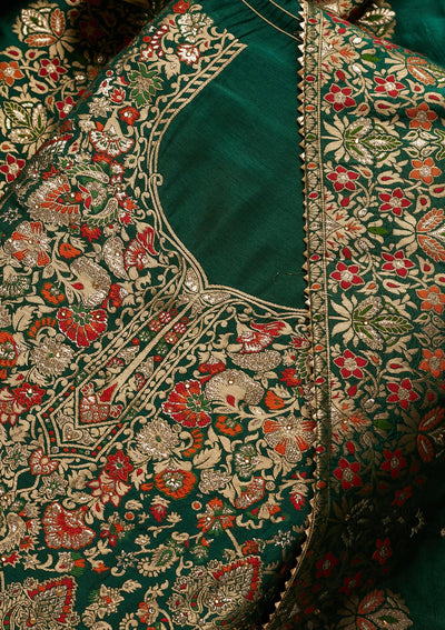 Bottle Green Zariwork Art Silk Unstitched Salwar Suit - Koskii
