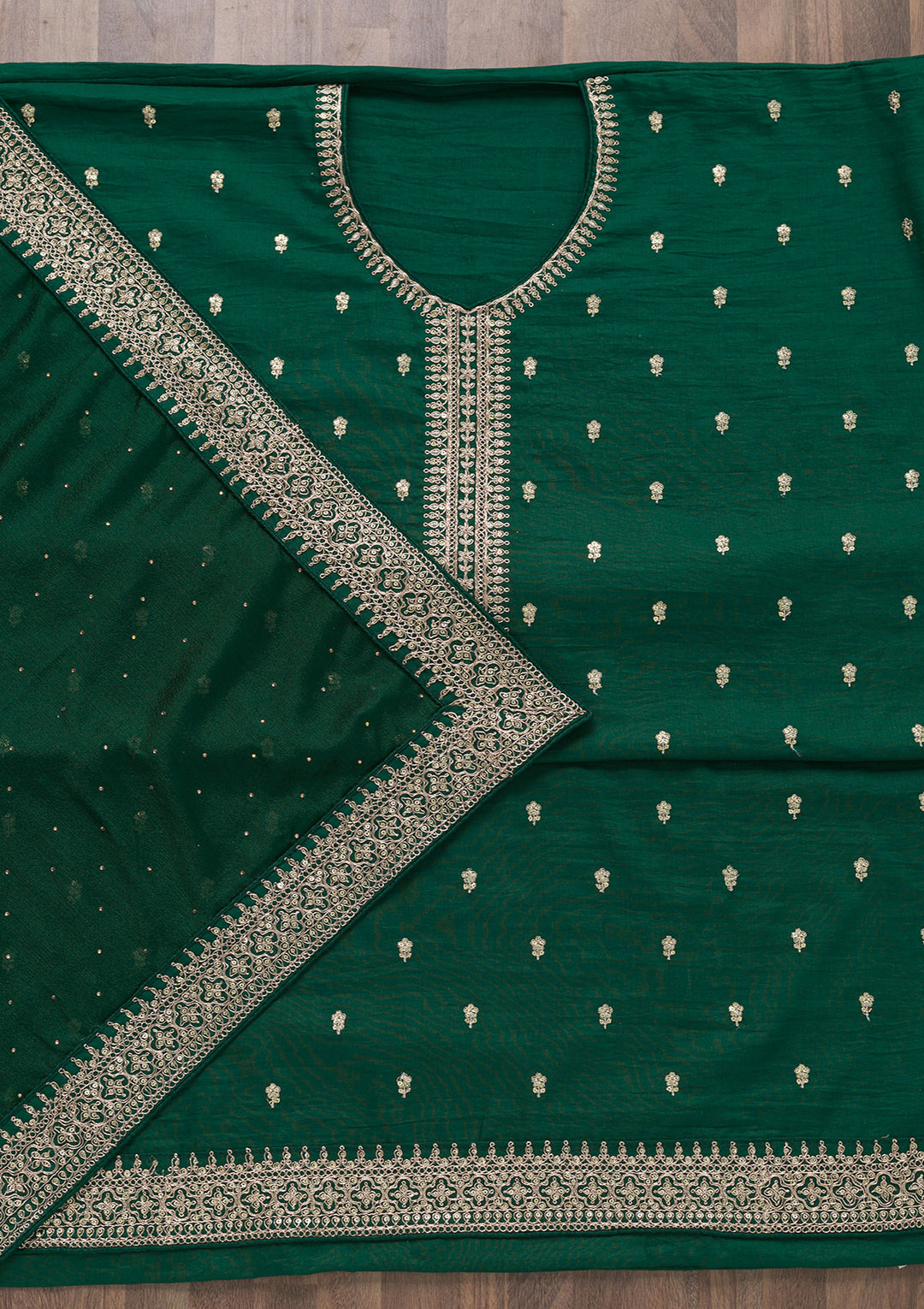 Bottle Green Zariwork Art Silk Unstitched Salwar Suit-Koskii