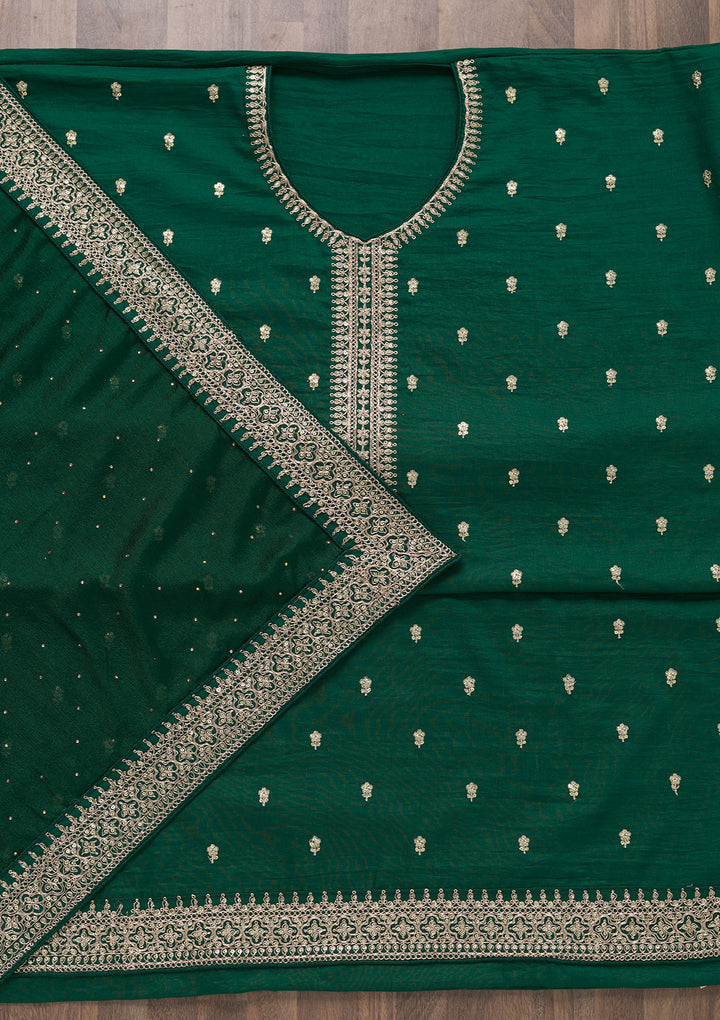 Bottle Green Zariwork Art Silk Unstitched Salwar Suit-Koskii