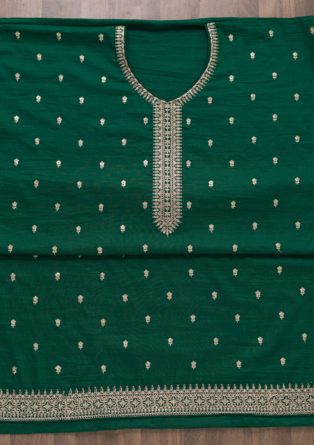 Bottle Green Zariwork Art Silk Unstitched Salwar Suit-Koskii