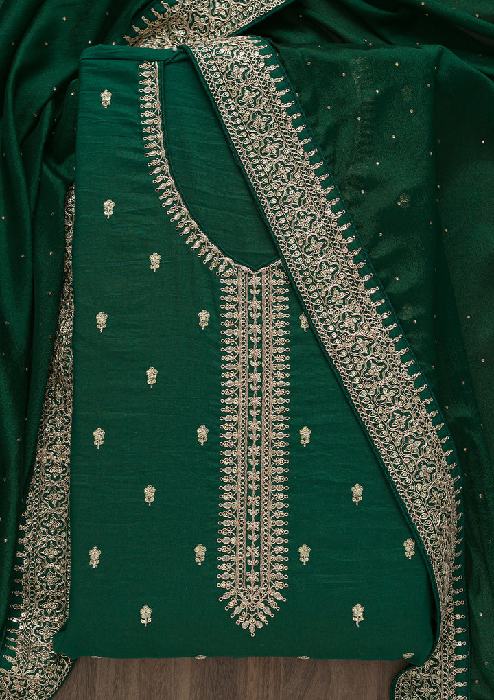 Bottle Green Zariwork Art Silk Unstitched Salwar Suit-Koskii