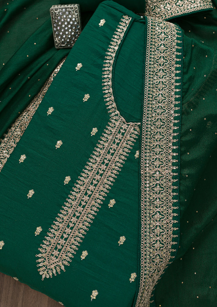 Bottle Green Zariwork Art Silk Unstitched Salwar Suit-Koskii