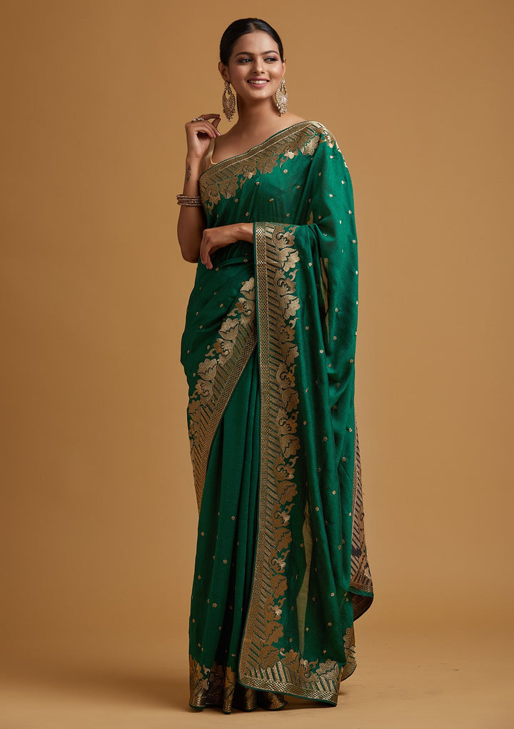 Bottle Green Zariwork Art Silk Designer Saree - koskii