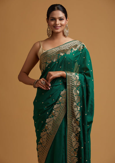 Bottle Green Zariwork Art Silk Designer Saree - koskii