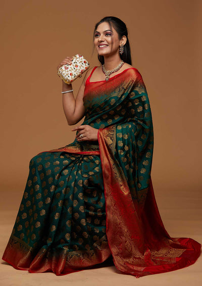 Bottle Green Zariwork Art Silk Saree - Koskii