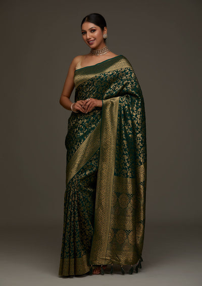Bottle Green Zariwork Banarasi Designer Saree - Koskii