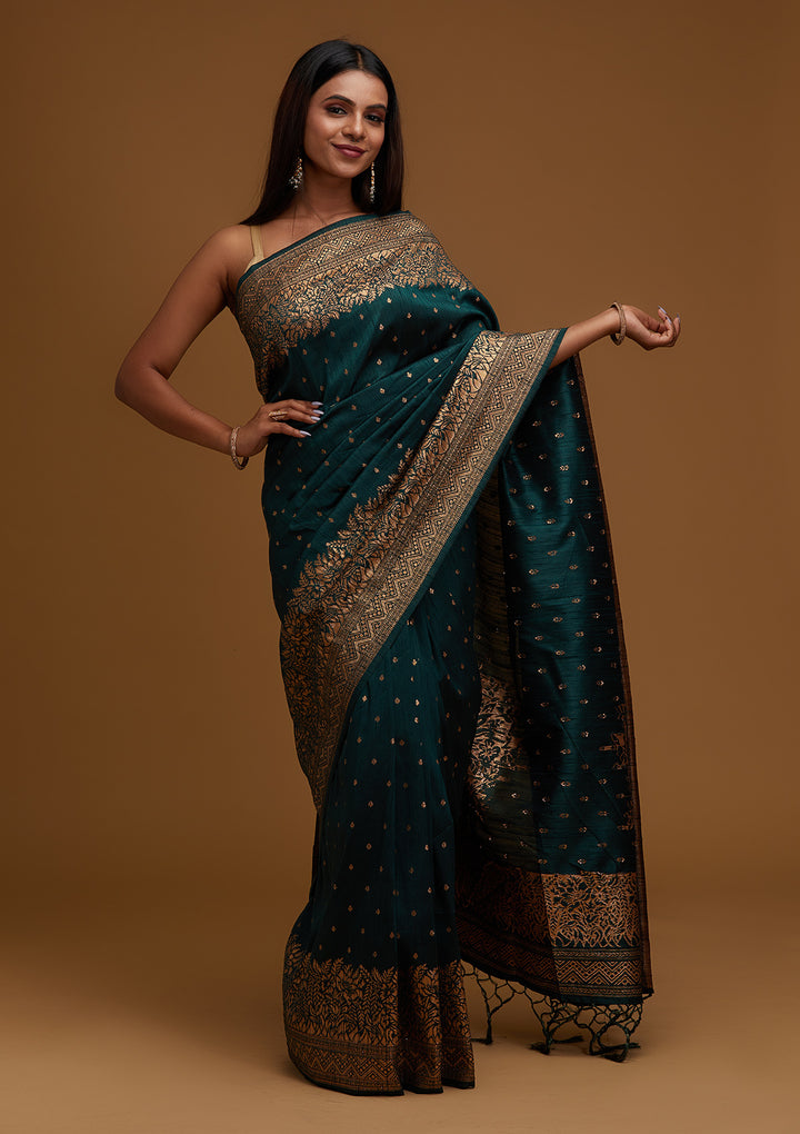 Bottle Green Zariwork Banarasi Designer Saree - Koskii