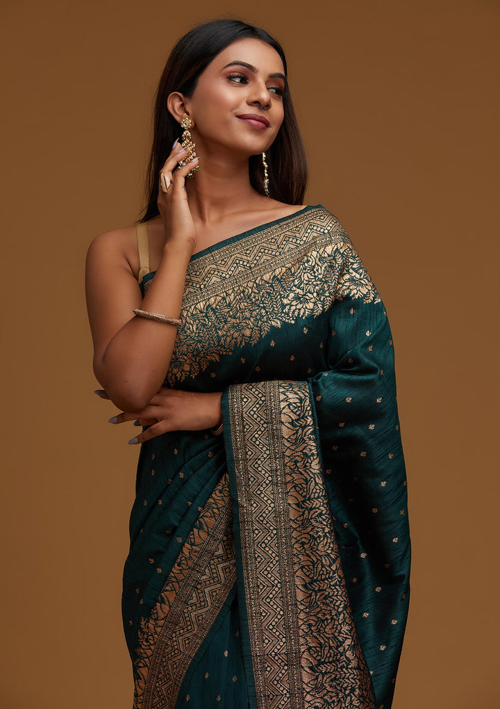 Bottle Green Zariwork Banarasi Designer Saree - Koskii