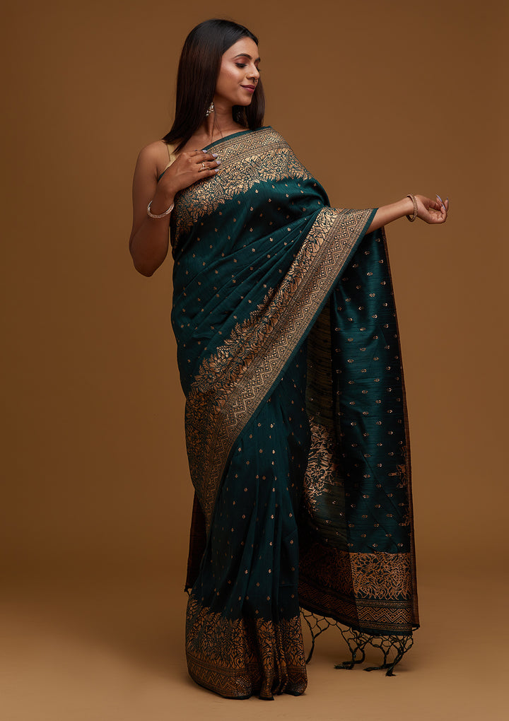 Bottle Green Zariwork Banarasi Designer Saree - Koskii