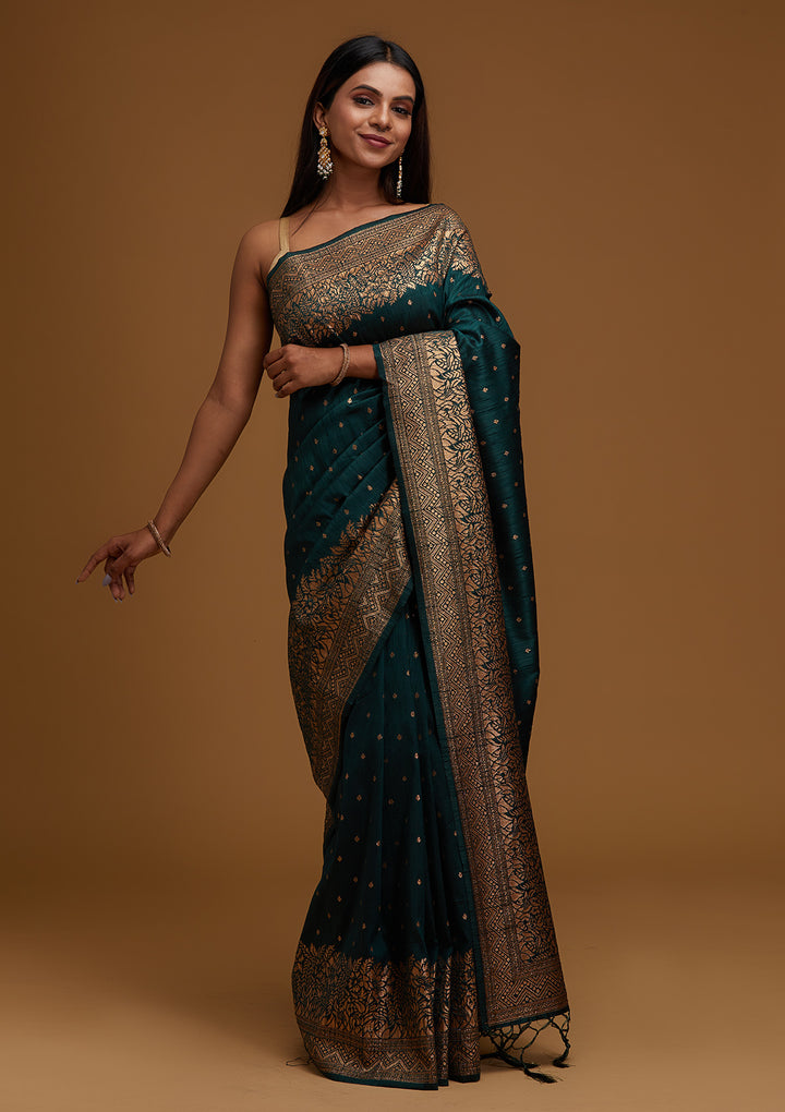 Bottle Green Zariwork Banarasi Designer Saree - Koskii