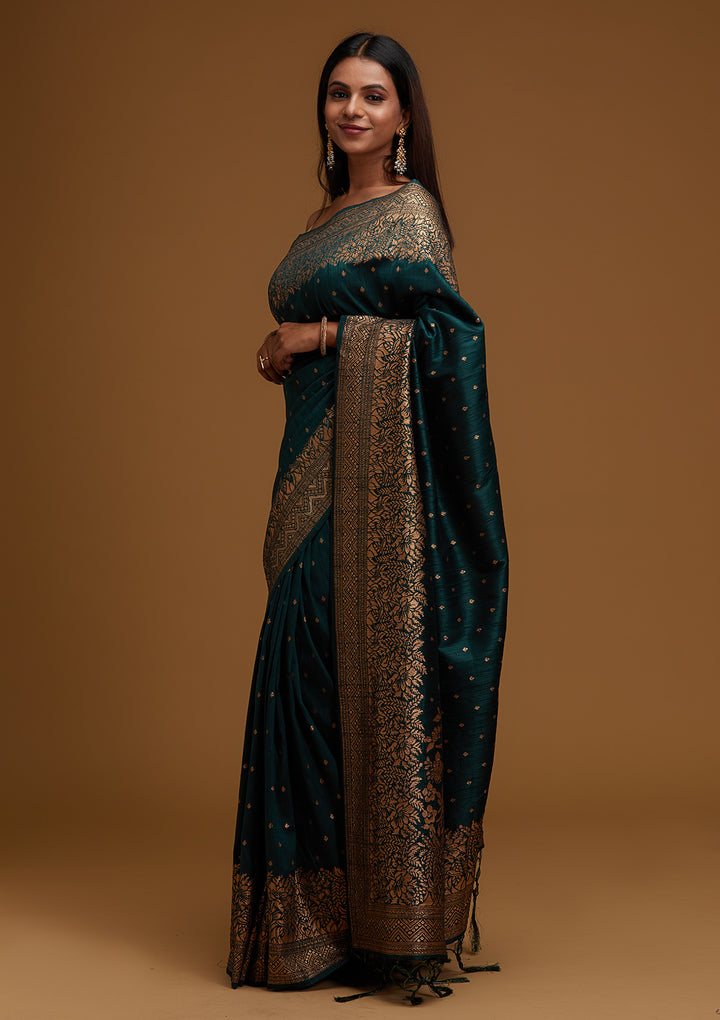 Bottle Green Zariwork Banarasi Designer Saree - Koskii