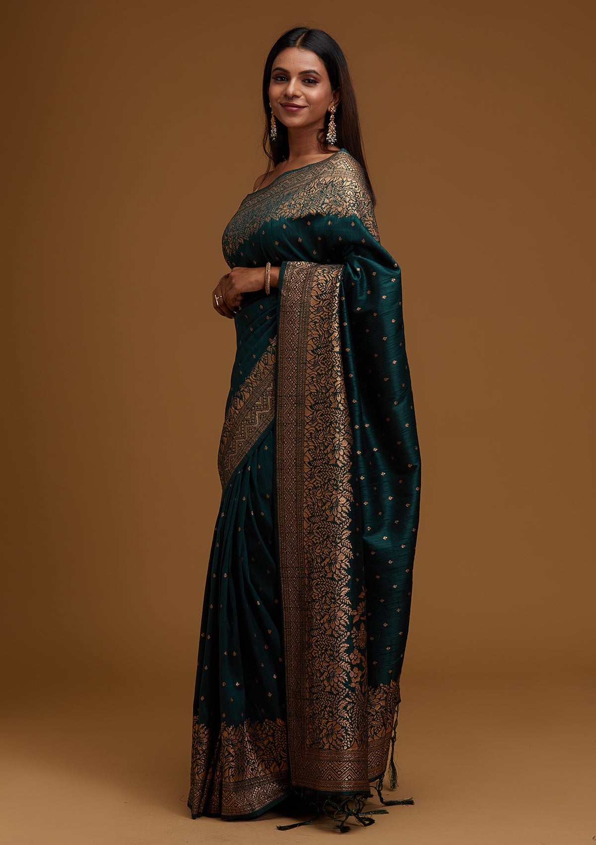 Buy Bottle Green Zari Work Banarasi Saree Koskii