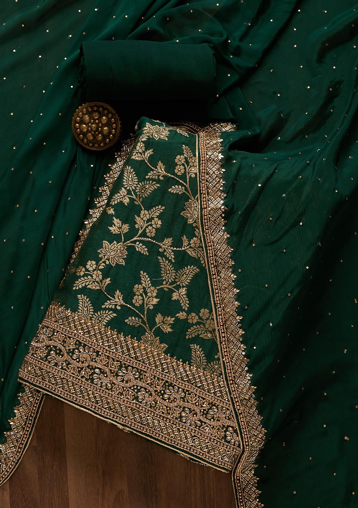 Bottle Green Zariwork Chanderi Unstitched Salwar Suit - Koskii