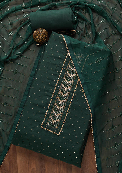 Bottle Green Zariwork Chanderi Unstitched Salwar Suit- Koskii