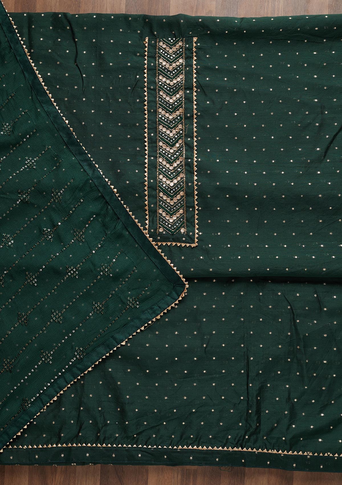 Bottle Green Zariwork Chanderi Unstitched Salwar Suit - Koskii