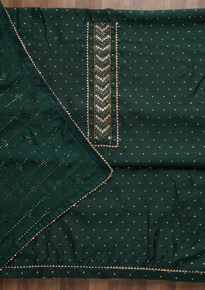 Bottle Green Zariwork Chanderi Unstitched Salwar Suit - Koskii