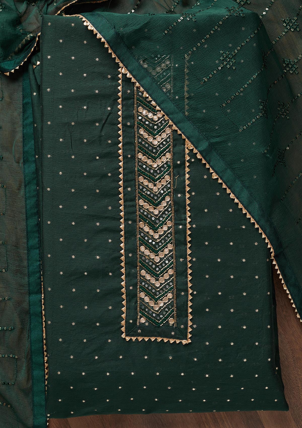 Bottle Green Zariwork Chanderi Unstitched Salwar Suit - Koskii