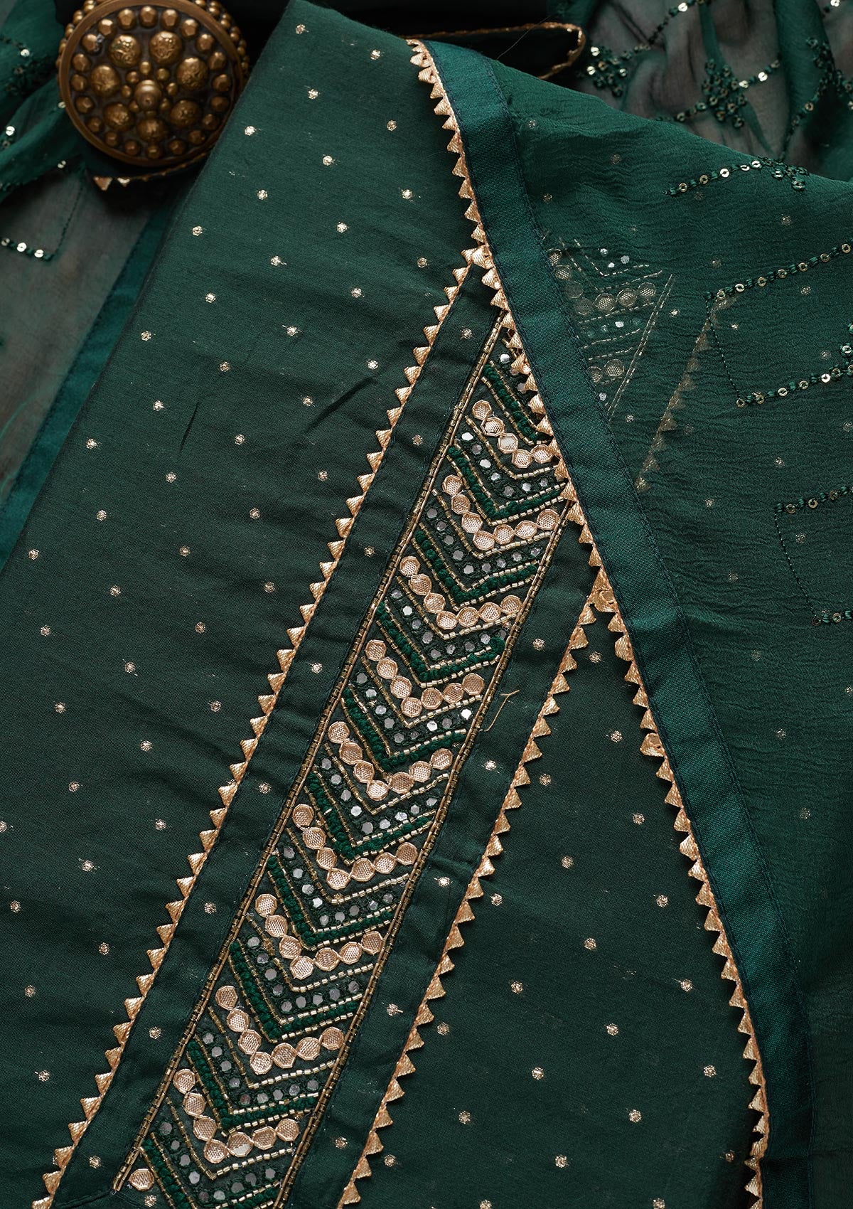 Bottle Green Zariwork Chanderi Unstitched Salwar Suit - Koskii