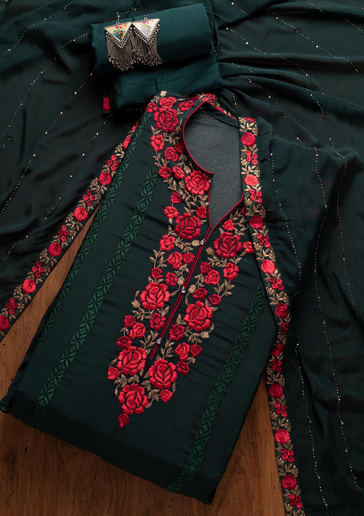 Bottle Green Zariwork Georgette Designer Semi-Stitched Salwar Suit - koskii