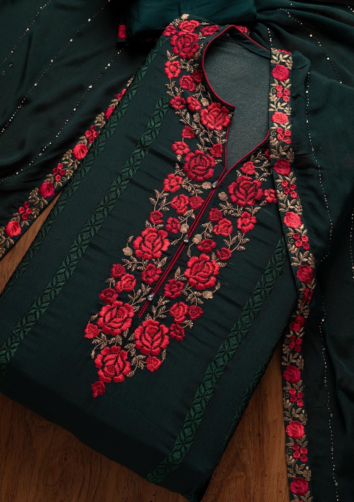 Bottle Green Zariwork Georgette Designer Semi-Stitched Salwar Suit - koskii