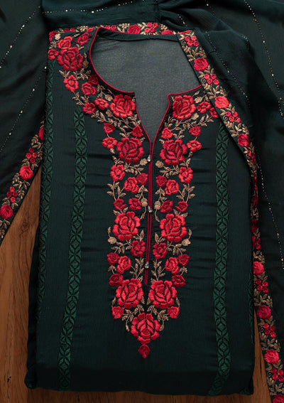 Bottle Green Zariwork Georgette Designer Semi-Stitched Salwar Suit - koskii