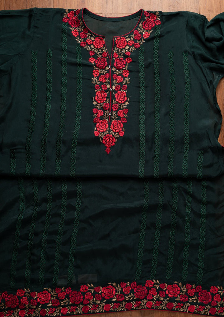 Bottle Green Zariwork Georgette Designer Semi-Stitched Salwar Suit - koskii