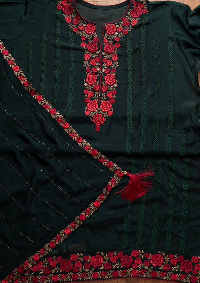 Bottle Green Zariwork Georgette Designer Semi-Stitched Salwar Suit - koskii