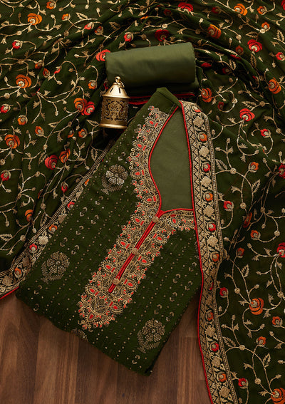Bottle Green Zariwork Georgette Designer Semi-Stitched Salwar Suit - Koskii