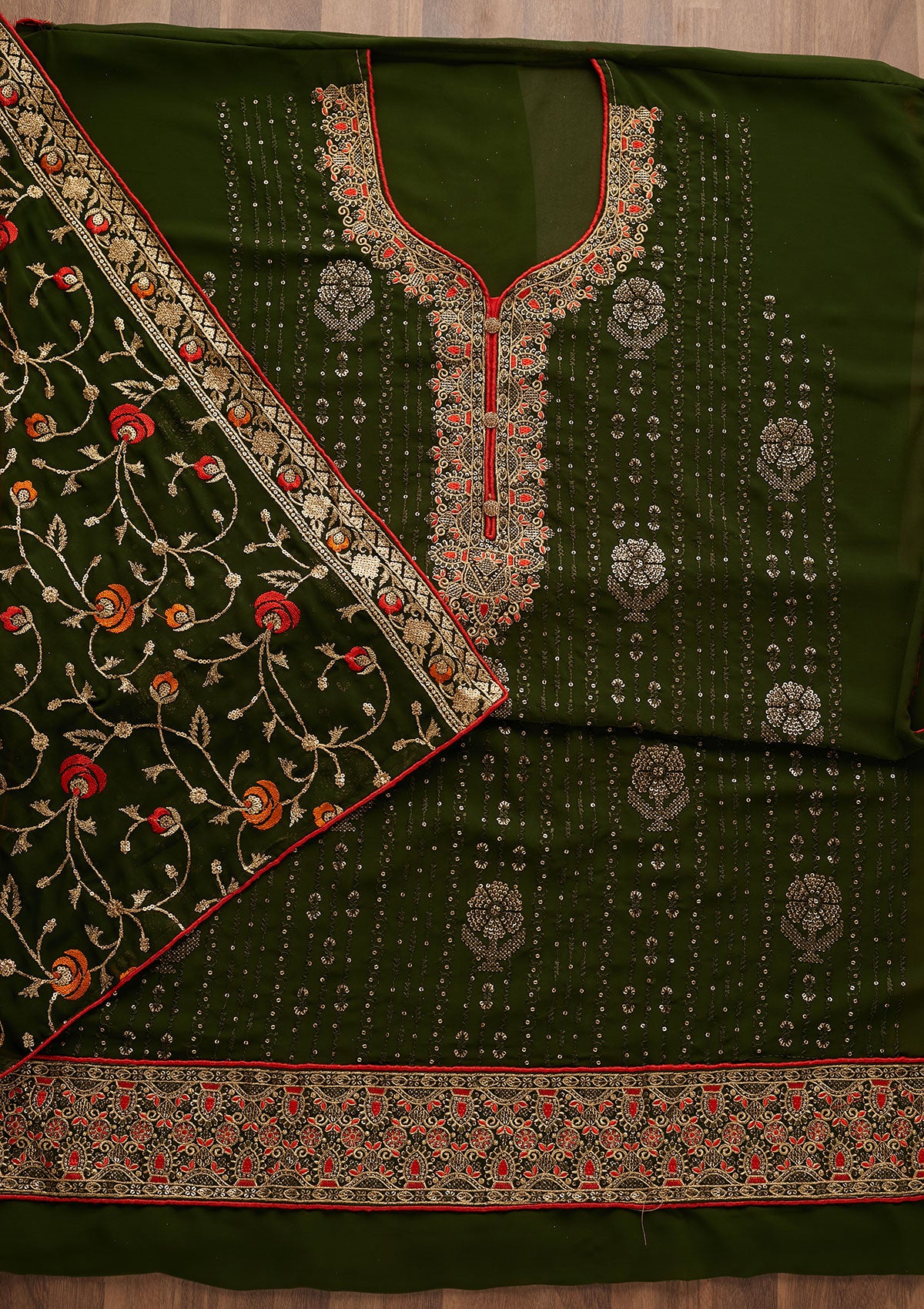 Bottle Green Zariwork Georgette Designer Semi-Stitched Salwar Suit - Koskii
