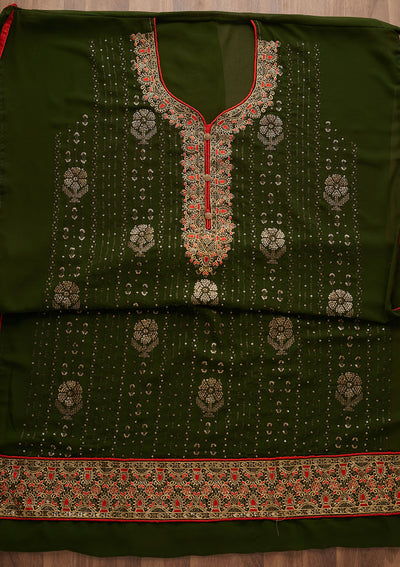Bottle Green Zariwork Georgette Designer Semi-Stitched Salwar Suit - Koskii