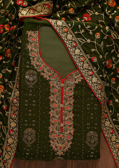 Bottle Green Zariwork Georgette Designer Semi-Stitched Salwar Suit - Koskii