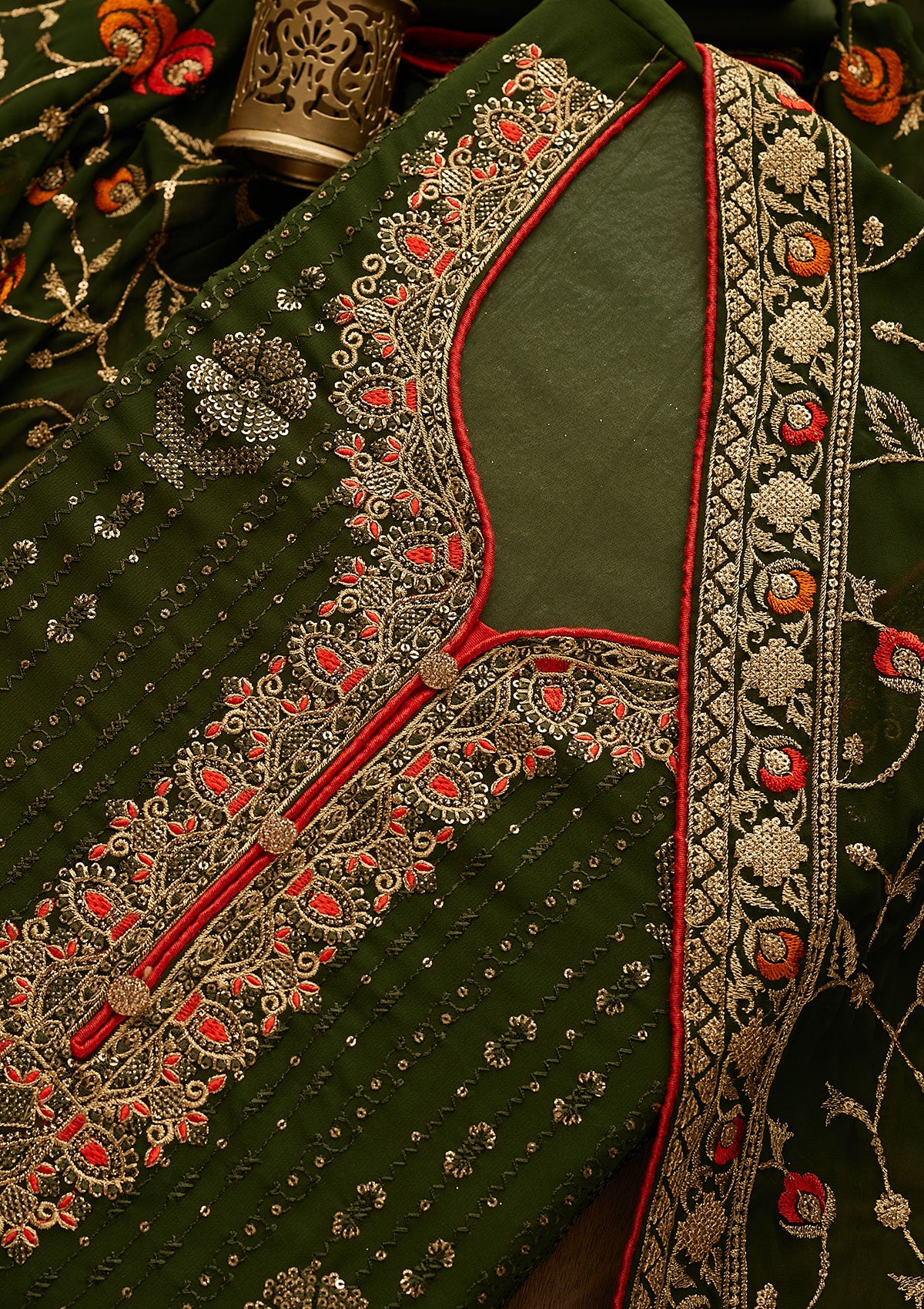 Bottle Green Zariwork Georgette Designer Semi-Stitched Salwar Suit - Koskii