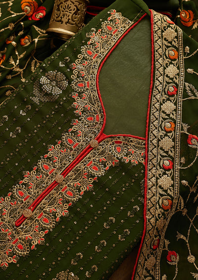 Bottle Green Zariwork Georgette Designer Semi-Stitched Salwar Suit - Koskii