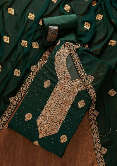 Bottle Green Zariwork Georgette Designer Unstitched Salwar Suit - koskii