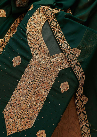 Bottle Green Zariwork Georgette Designer Unstitched Salwar Suit - koskii