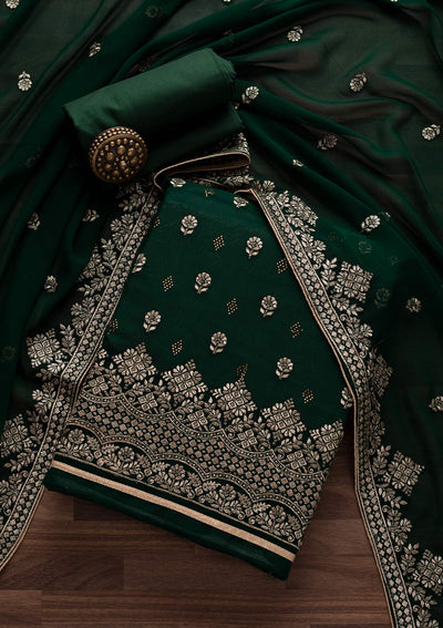 Bottle Green Zariwork Georgette Designer Unstitched Salwar Suit - Koskii