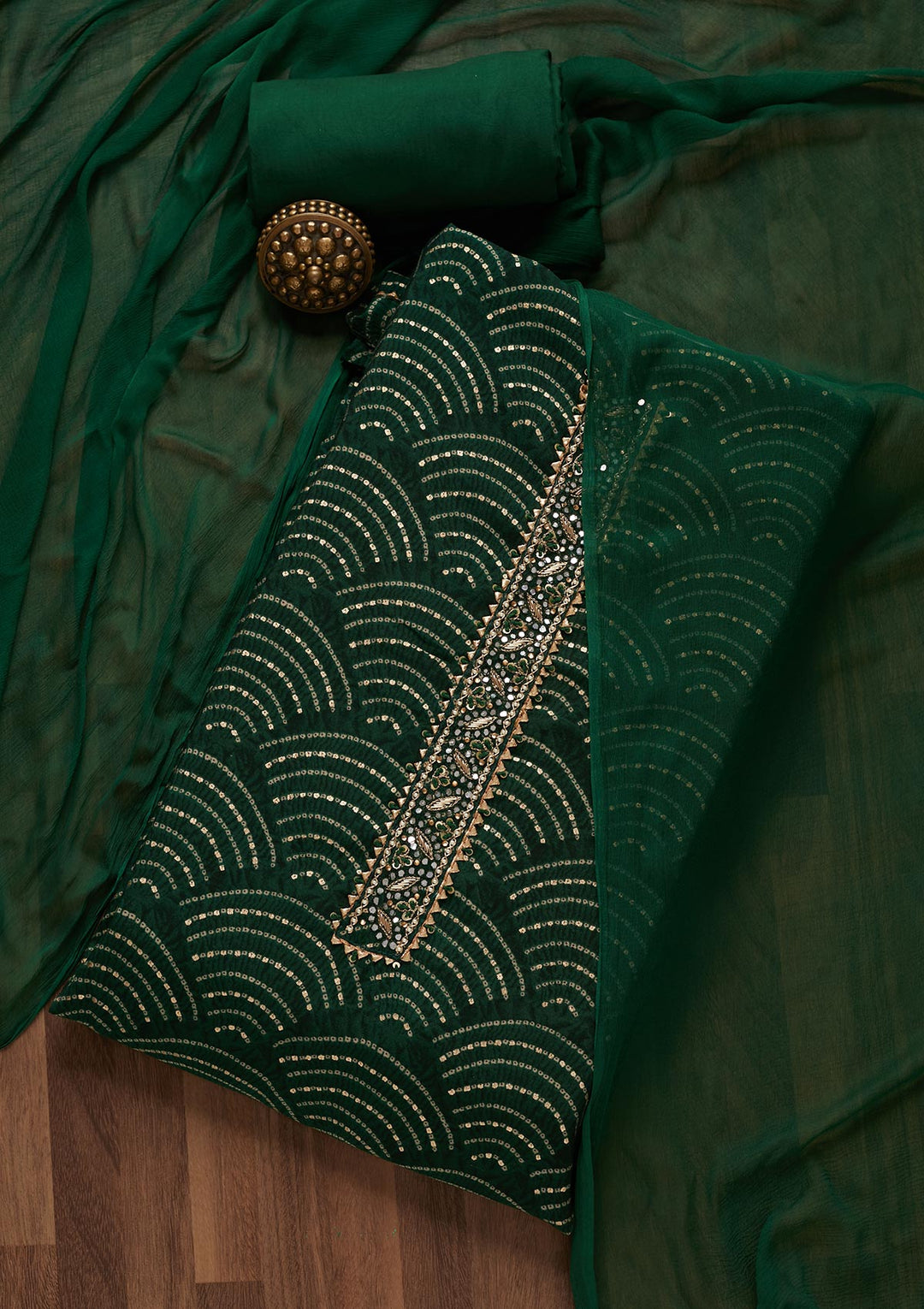 Bottle Green Zariwork Georgette Unstitched Salwar Suit- Koskii