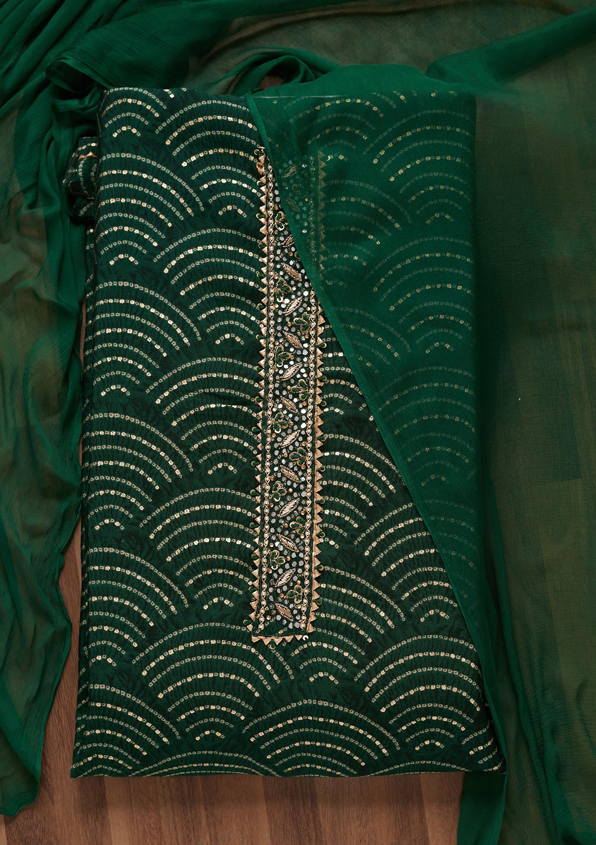 Bottle Green Zariwork Georgette Unstitched Salwar Suit - Koskii