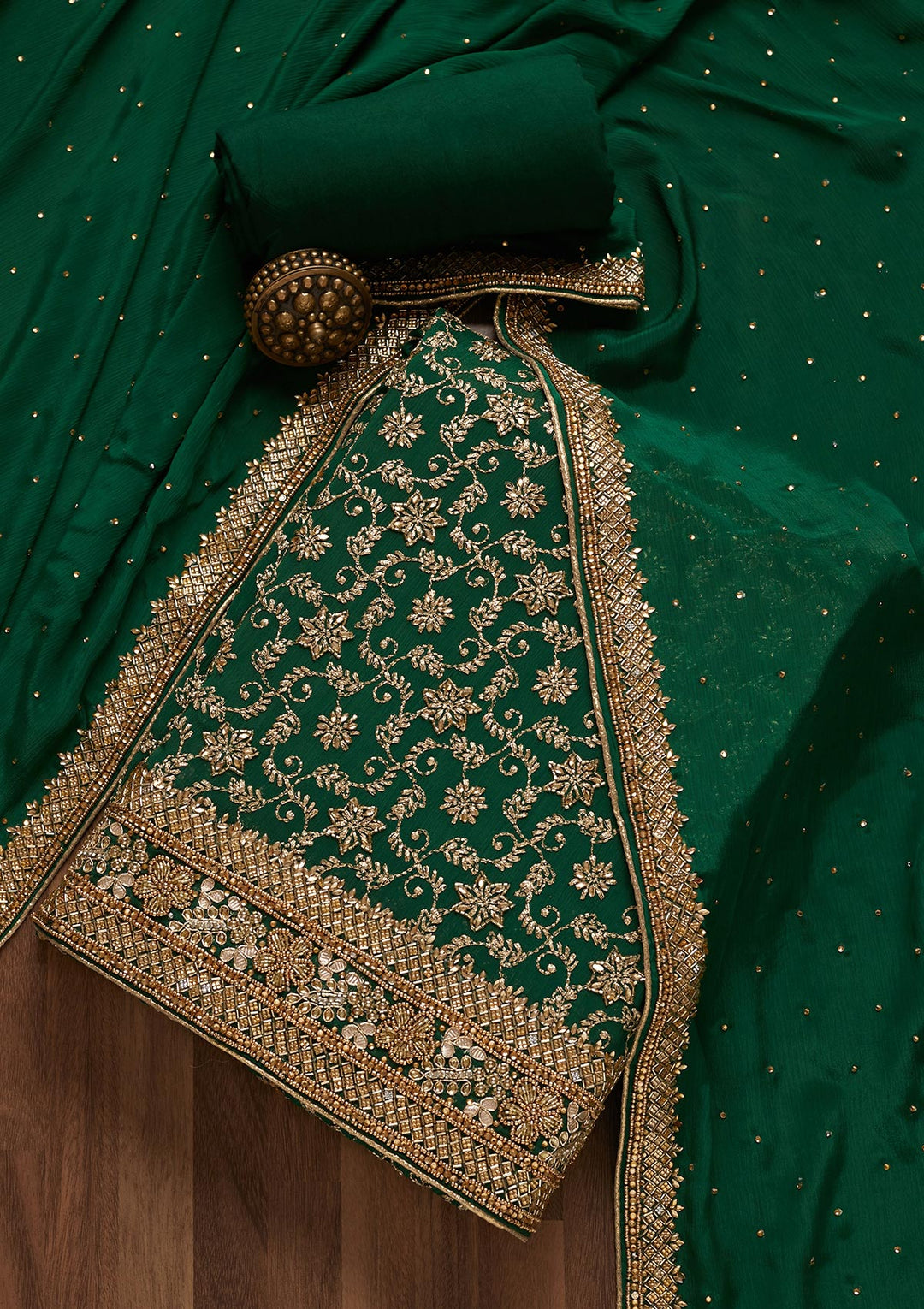Bottle Green Zariwork Georgette Unstitched Salwar Suit- Koskii